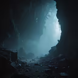 an abandoned cave, with dark, fog surrounding