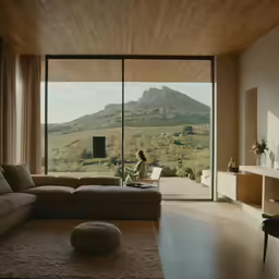an interior area with couch, table and large glass windows