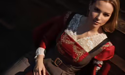 a lady in an old dress on a bench