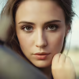 a girl looking at the camera with her hand on her shoulder