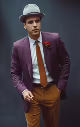 a young man in a suit and fedora poses for a portrait