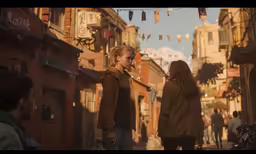 two girls standing on a street in an animated scene