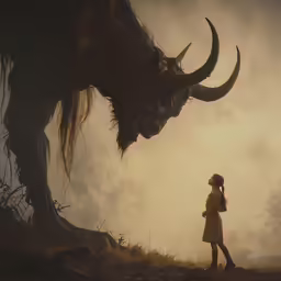 there is a woman standing next to a monster