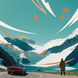 a man standing on the side of a road looking at mountains