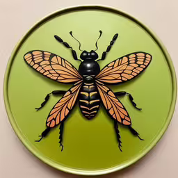 a small plate with a bug painted on it,a paper plate with a bug on it