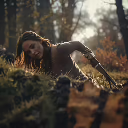 a young woman reaching for something in a field