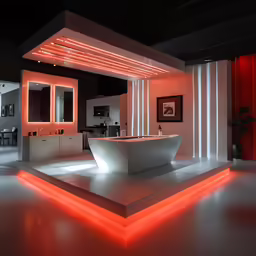 the white bathtub has a red light above it