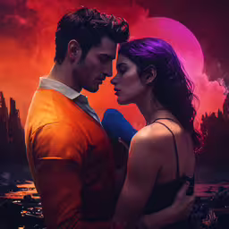 a couple is kissing in the moonlight under the full moon,a young man embracing his woman against a background