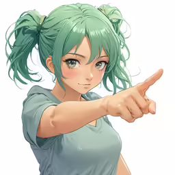 a young girl pointing at something while wearing a blue shirt