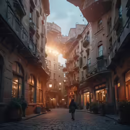 a person walking down the middle of an old fashioned street