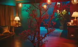 the vase is on the table beside a lamp