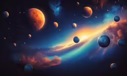 there are nine planets in the sky with a very colorful background
