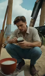 a man squatting down next to a bowl and cup