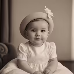 an infant wearing a dress and hat