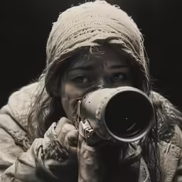 a woman with a camera and hat on