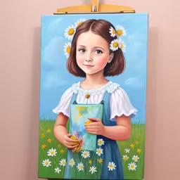 a painting of a young girl in blue dress and daisies