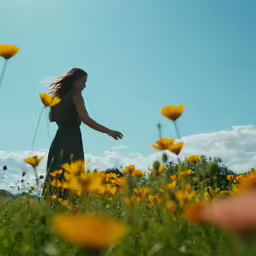 a beautiful woman wearing a green dress in a field full of yellow flowers
