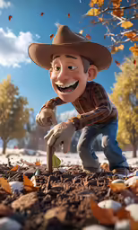 a cartoon character is posing with leaves in a park