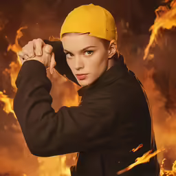 a young woman in yellow cap with arms out standing in front of an orange smoke