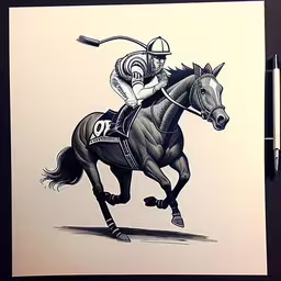 a drawing of a jockey riding a horse,the jockey is going for his next run on the horse