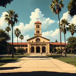 palm trees line the path to the church