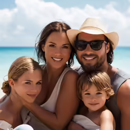 a family is having fun on the beach in summer
