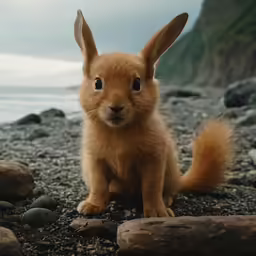 a rabbit standing on top of a rocky beach