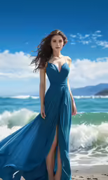 the woman is standing on the beach in a blue dress