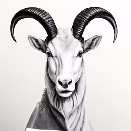 a drawing of a ram with horns and long neck