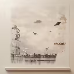 artwork is hanging up next to a white wall