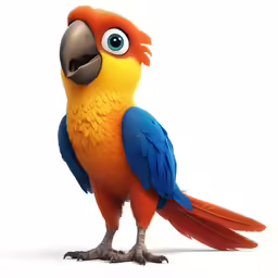 an orange, blue and yellow bird with big eyes
