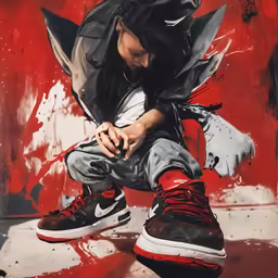 a young person sits on the ground with a pair of sneakers