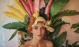 the young woman wearing a flower crown sits next to flowers
