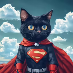 this black cat is dressed as superman on the blue sky