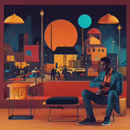 an image of a man sitting on a bench,a man sitting on a chair in front of a city background