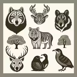 different types of wild animals on a white background,wild animals and trees in the forest