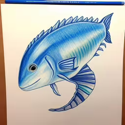 a drawing of a fish on paper with blue ink,a fish drawing by pencil on paper
