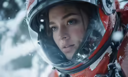 woman in red racing suit in snow storm looking to the side