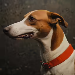 brown and white dog standing next to a wall
