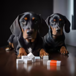 two dogs sit with blocks in front of them