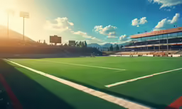 a green soccer field with a sky background