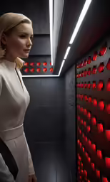 a beautiful woman standing next to a red light