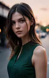 a woman poses for a photograph while standing by a city street