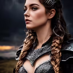 a woman wearing armor looks ahead as she stands on a stormy day
