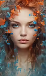 a young woman is surrounded by butterflies and water
