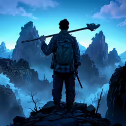 a person is holding a spear and staring out over the rocky hills