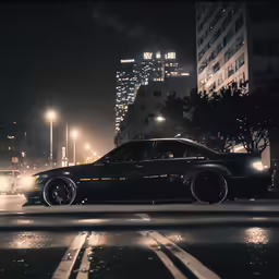a night time city scene with a car at a crosswalk