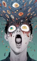 a drawing of a boy with open eyes and spooky hair in the center of his head is a very surreal thing