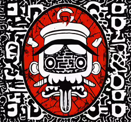 a red and black sign with the face of a demon,a drawing with white and red accents on black