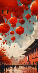 the chinese temple with hundreds of red balloons attached to it